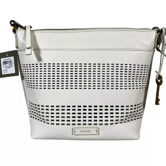 Fossil Womens Coconut White Cow Hide Leather Rectangle Julia Crossbody Handbag - Picture 2 of 16